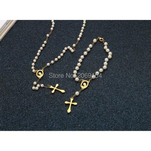 Women Pearl Jewelry Set Charm Gold Necklace Cross Chain Link Bracelet & Bangle Stainless Steel Vintage Wristband Chic Brand