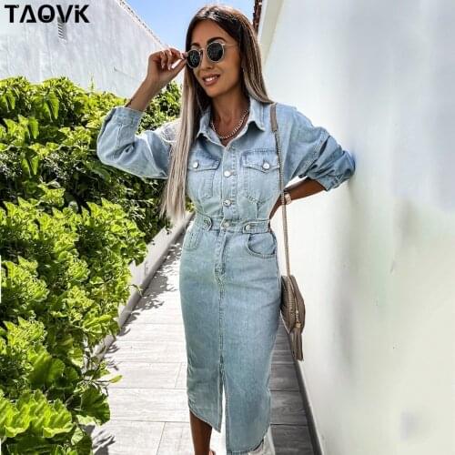 TAOVK Spring Autumn Women Denim Dress Cowboy lining Long package hip Sexy Female Jeans Dresses