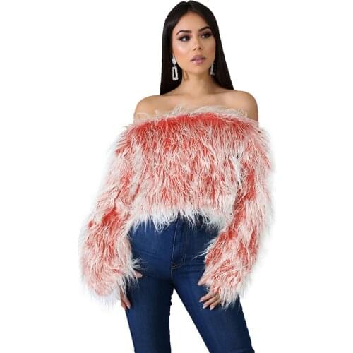 Womens Faux Fur Coats 2020 Spring Autumn Off Shoulder Long Sleeve Pullover Tops Sexy Elegant Party Slim Plush Overcoat Femme