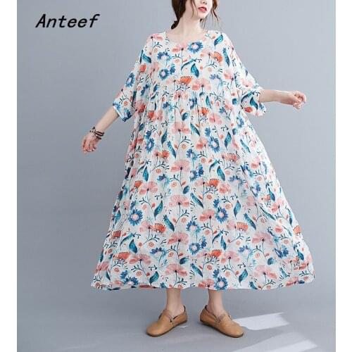 Cotton linen oversize plus size vintage floral for women casual loose long summer dress elegant clothes 2021 ladies dresses