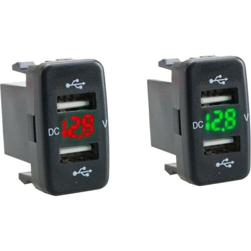 2 Pcs Car Charger Socket Dual Usb Port Charging Volt Display Adapter Fit for Toyota Red & Green