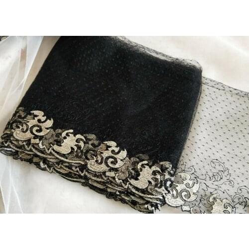 2 Yards Gold Floral Embroidered Lace Trim Black Dotted Tulle Lace 10 Inches Wide
