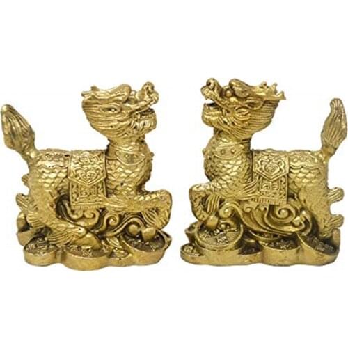 3 Inch Brass Feng Shui Pair Money Lion Statues And Sculptures Kirin Figurine Chinese Dragon Home Decor Unicorn Room Accessories