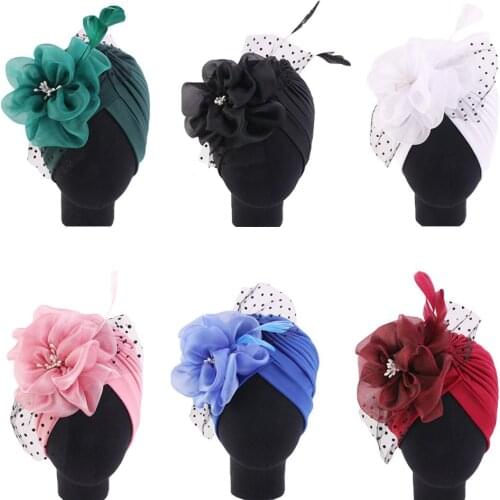 Big Flower Muslim Women Indain Hat Scarf Caps Chemo Turban Islamic Head Cover Party Evening Bonnet Pleated Vintage Elegant Hat
