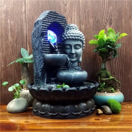 Resin Buddhist Statue Water Flowing Rockery Fountain Garden Micro Landscape Decor Led Light Fengshui Ball Good Luck Ornament