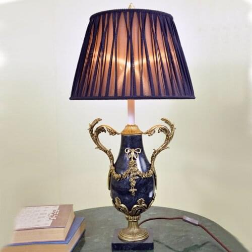 Marvelous BrassTable Lamp with Natural Marble and Fabric Lampshade Antique Reproduction Arts and Crafts for Hotel Villa Home