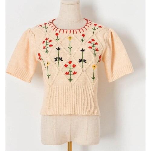Floral Crochet Apricot T Shirt Women Cropped Tops 2021 Summer Tops O-neck Puff Sleeve Knitted Womens Blouses and Tops