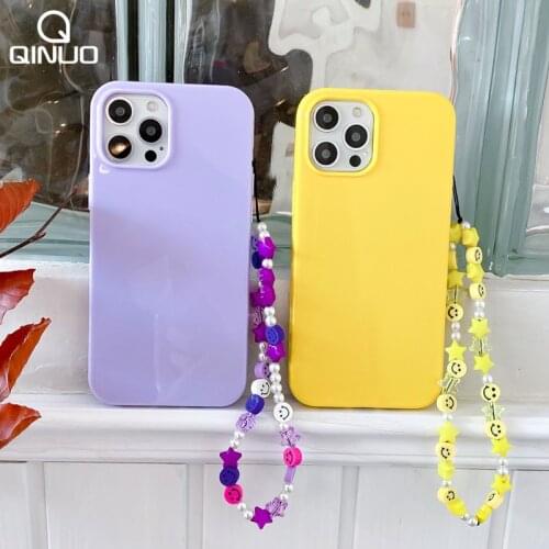 Cute Star Smile Pearl Bead Bracelet Phone Case For iPhone 12 11 Pro MAX 7 8 Plus X XR XS Max Wrist Chain Fluorescent Color Cover