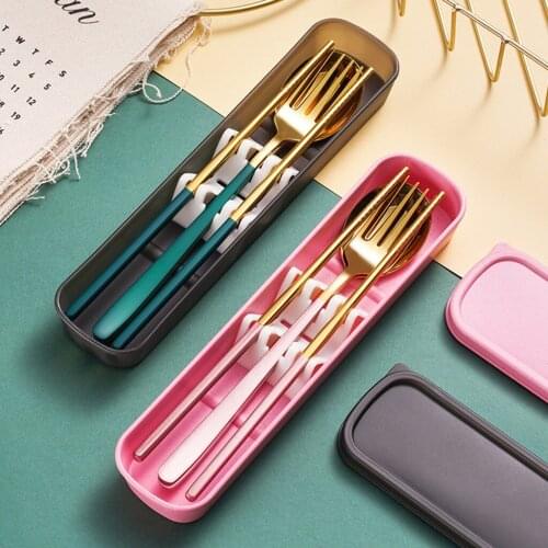 Hot sale Korean Cutlery Box Chopsticks Black gold dinner fork 304 stainless steel fork spoon tableware Reusable kitchenware
