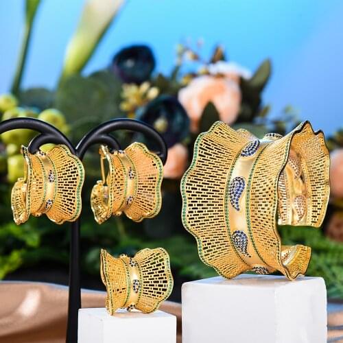 KellyBola Luxury Statement Bangle Ring Earrings Jewelry Sets for Noble Women Bridal Wedding Party Show Jewelry Set Hawaiian