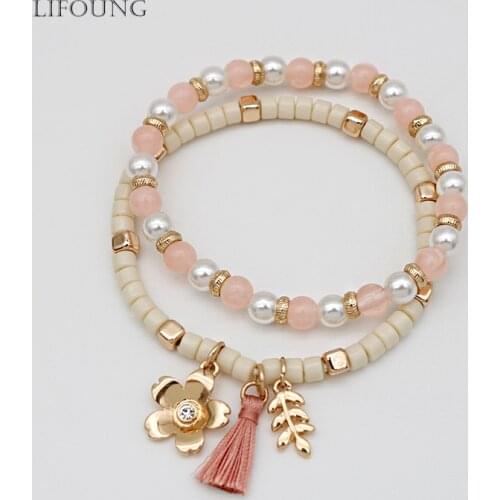 Two Set Elastic Bracelets For Women Cute Pink Cream Color Stretch Tassel Leaf Flower Sweet Romantic Trendy New Charms 2021113