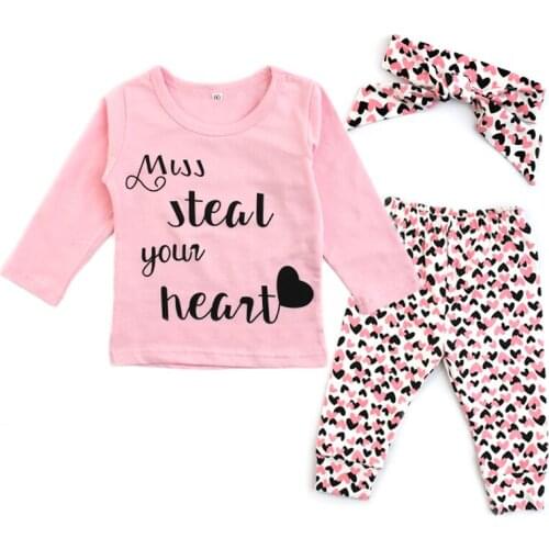 Newborn Baby Girl Clothes Set Cotton Infant Letter Print Pink T-shirt Tops Love Pants Headband 3Pcs Cute Toddler Clothing Outfit