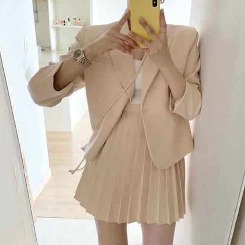 Wenfly Female Korean French Turn-down Collar Single Button Long Sleeve Suit Jacket High Waist Pleated Mini Skirt Two Piece Set