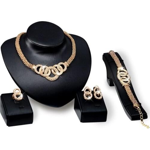 MIQIAO 18K Gold Plated 5 Rings Luxury Earrings Pendant Collar Chain Necklace Bracelet Jewelry Sets for Women Wedding Friend Gift