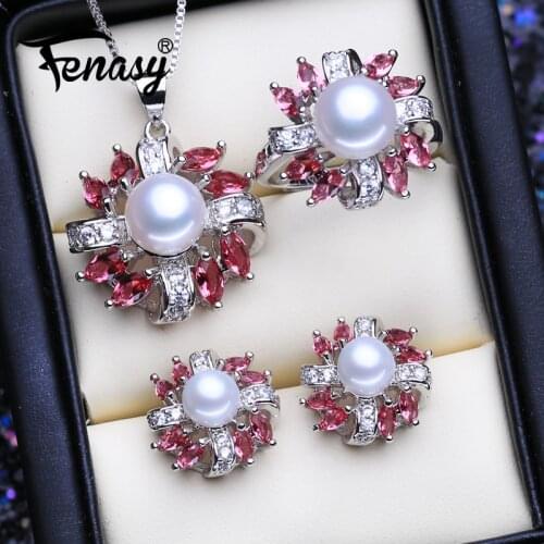 FENASY 925 Sterling Silver Natural Freshwater Pearl Jewelry Sets for Women Wedding Pearl Necklace Ruby Earrings Ring Idea Gift