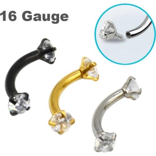Prong Set Double Gem Crystal Eyebrow Ring Curved Barbell Piercing Ear Helix Tragus Stud Body Jewelry 16g with Clear Round Zircon