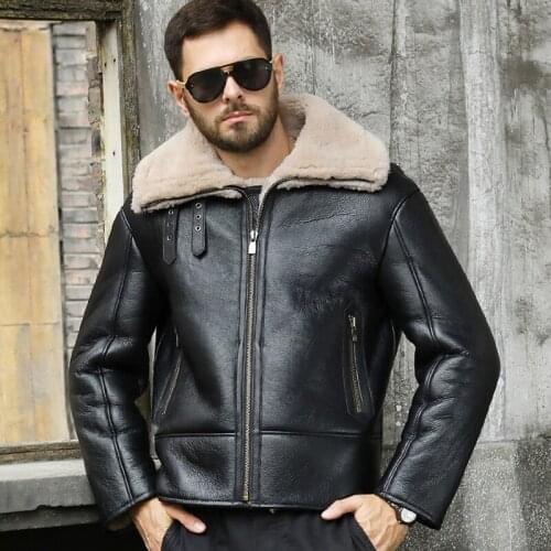 New Shearling Coat Mens B3 Bomber Jacket Short Fur Coat Black Leather Jacket Natural Sheepskin Coat Mens Winter Coats