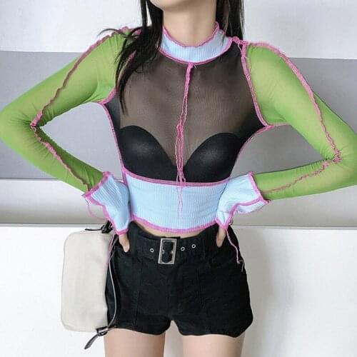 Newest Women Sexy See Through Patchwork T-shirt Mesh Ruffle Turtleneck Full Sleeve Crop Tops Female Sexy Slim T-shirt Clubwear