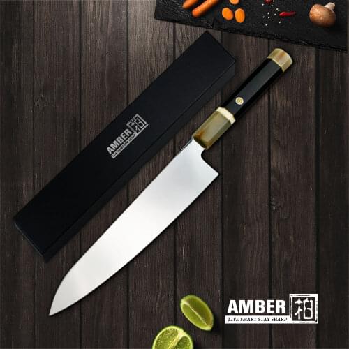 Amber 9.2'' Chef Knife VG10 High Carbon Steel Knife Mirror Finish Stainless Steel Japanese Super Gyuto with Buffalo Horns Handle