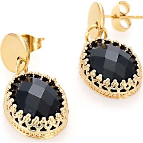 Miasol Luxury Fashion Golden Plated Brass Women Faceted Crystal Cabochon Dangle Charms Stainless Steel Post Earrings Gifts