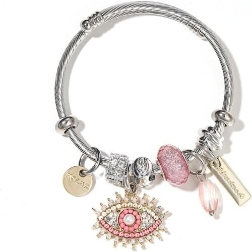 Retro Stainless Steel Silver Bracelets & Bangle For Women Fashion Demon Eye Crystal Beads Pendant Bangle DIY Accessories Jewelry