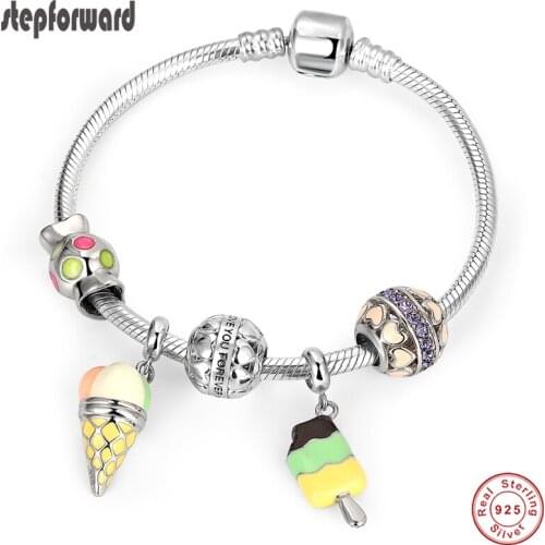 STEP FORWARD 925 Sterling Silver Ice Cream Charms Bracelet Bangle for Women Silver Jewelry Candy Charm Bangles
