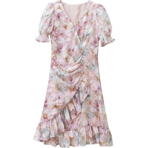 PERHAPS U Summer Prairie Chic Chiffon Floral Print Ruffle V-Neck Puff Sleeve Irregular Shirring Diamond Botton Short Dress D3058