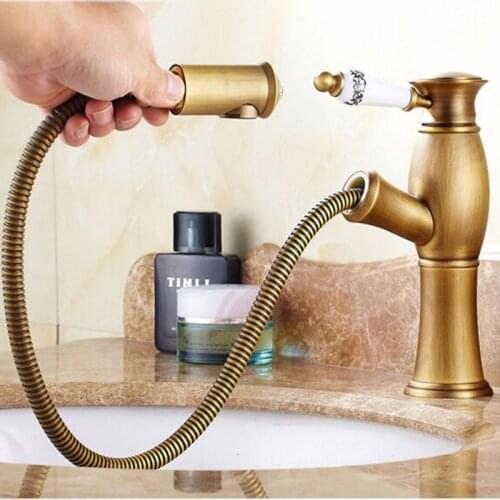 Basin Sink Faucet Bronze Finished Total Brass Cold And Hot Water Pull Out Single Handle Deck Mounted Antique Mixer Taps