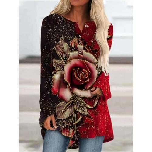 Stylish Womens Long Sleeve Small v neck floral t-shirt 2021Femme