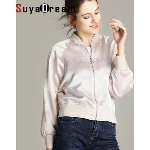Women Silk Jacket 16mm 100% REAL SILK SATIN Casual Zipper Jackets For Women 2019 Spring New Outwear Champagne