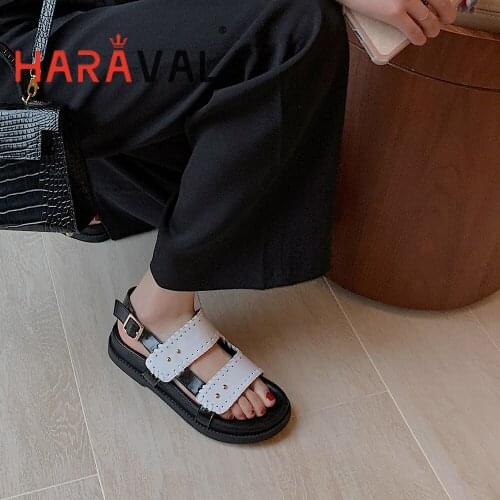 HARAVAL Genuine Leather Office & Career Sandals Women Thick Bottom Sweet Patchwork Flat With Black White Brown Students B232