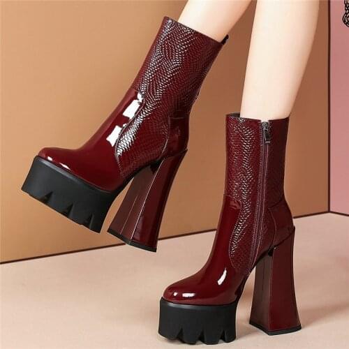 2020 Women Genuine Leather Cuban High Heels Motorcycle Boots Female High Top Round Toe Chunky Platform Pumps Shoes Casual Shoes