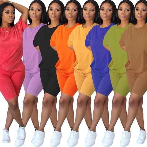 Womens 2 Piece Outfit Tracksuit Casual Short Sleeve Solid Color Loose Large Size T-Shirts Bodycon Shorts Set Summer Short Sets