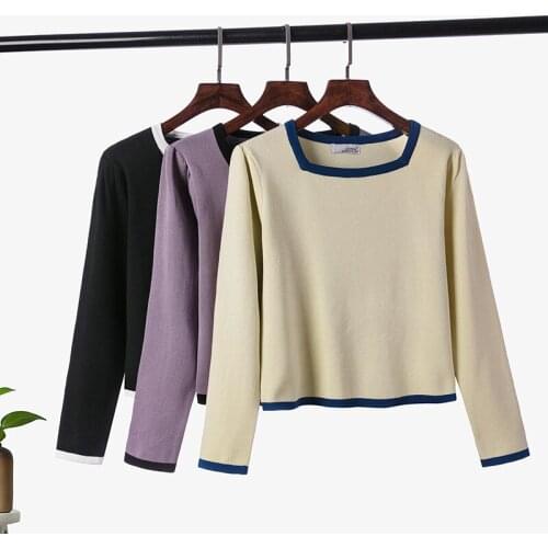 Autumn Winter Thick Knitted Sweater Women High Waist Patchwork Color Crop Jumper Tops French Style Female Slim Short Pullovers