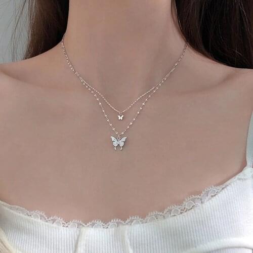925 Sterling Silver Shiny Butterfly Necklace For Women Girls Double Layer Clavicle Chain Party Jewelry dz788