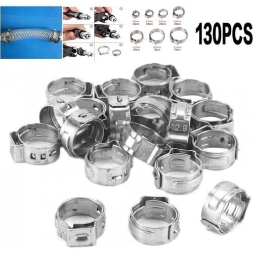 130PCS Stainless Steel Single Ear Hose Clamp 5.8-21mm Crimp Hose Clamp Kit Assortment