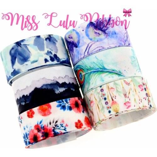 16mm-75mm Water Color Butterfly Feather Printed Grosgrain Ribbon/Foe DIY Party Gift Bowknots Hair Band Making 50yards/roll
