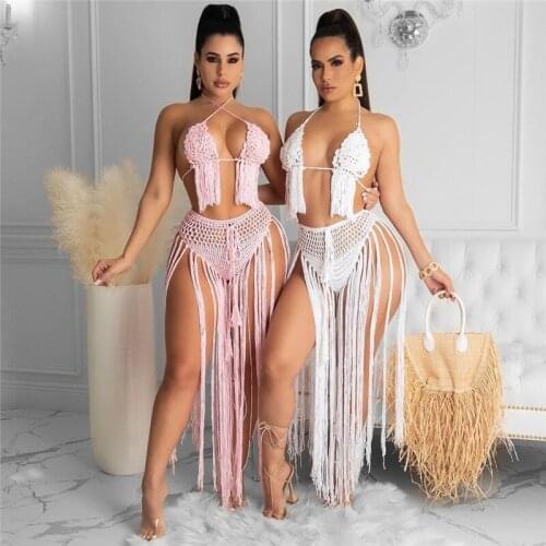 Adogirl Hand Crochet Womens Two Piece Set Sexy Halter Bra Crop Top And Long Tassel Splicing Panties Swimsuit Beach Outfits