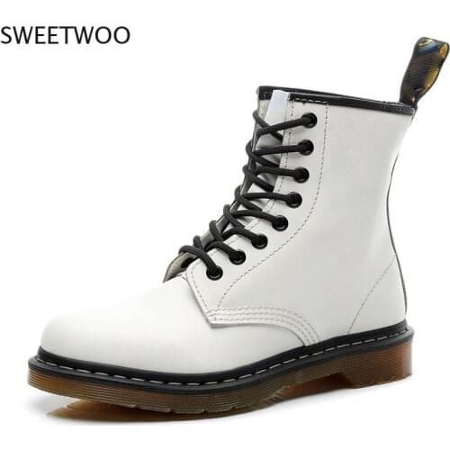 Men Women Unisex Boots Genuine Leather Ankle Martin Boots Platform Motorcycle Casual Shoes Warm White Shoes Zapatos Mujer 46