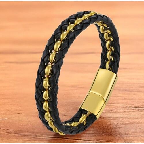 Charm Fashion Chain Gold Black Leather Men Bracelet Magnet Luxury Bangles Jewelry Accessories Rope Braided Stainless Steel