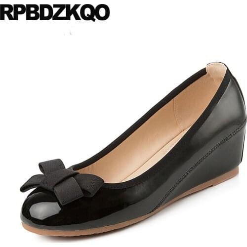 Black 2019 brand new bow size 33 medium heels round toe luxury shoes women designers pumps wedge 4 34 patent leather high ladies