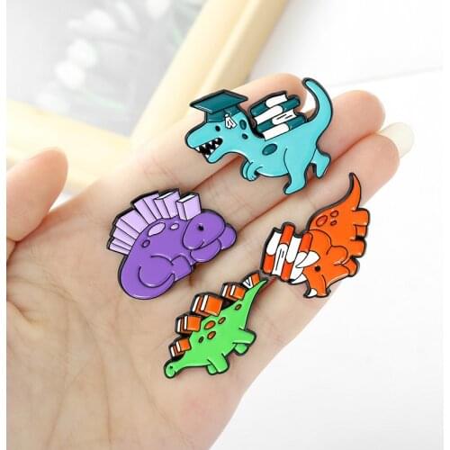 1Pcs Dinosaur and Books Enamel Pin Custom Reading Habit Animal Brooch Bag Clothes Lapel Pin Badge Cartoon Jewelry for Kid Friend