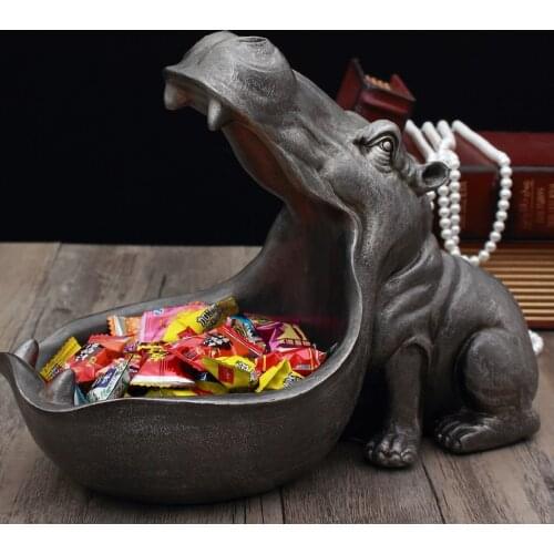 Hippo Resin Sculpture Figurine Big Mouth Key Candy Container Statue Desktop Ornaments Tableware For Home Decorations Accessories