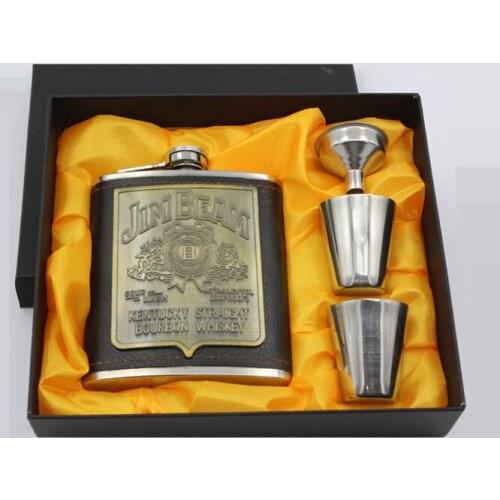 1 set High-grade 7oz Black Gold paint Whisky Flagon 304 Stainless steel alcohol Funnel Hip Flask Nice Gift Box Set Father gift