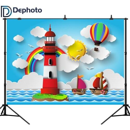 DePhoto Photography Background Cartoon Lighthouse Blue Sky Ship Birthday Party Backdrop Photography Studio Camera Fotografica