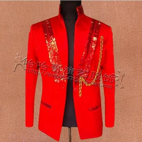 Red Men Sequins Suits Designs Masculino Homme Terno Stage Costumes For Singers Jacket Men Blazer Dance Star Style Dress Punk