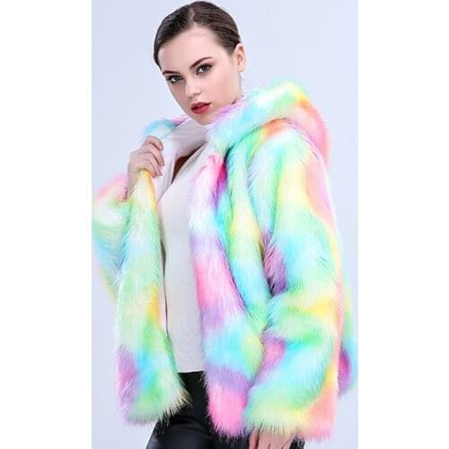 NEW 2018 Autumn Winter Woman Fashion Rainbow Color Faux FOX Fur Jacket Parka With Hood Warm Imitation Fur Coats Female Ls229