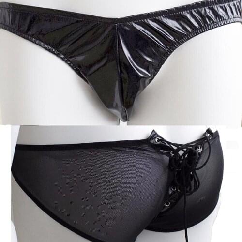 Men Sissy Sexy Panties Wet Look Leather Crotch Pouch Sheer Mesh Lace Up Back Thong Gay Fetish Underwear Bikini Bottom Lingerie