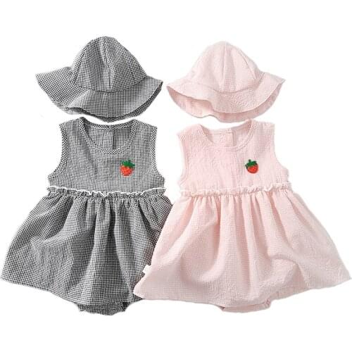 2020 Summer New baby Lattice Vest jumpsuit baby Cotton romper Hat Two-piece childrens Sleeveless jumpsuit baby clothing
