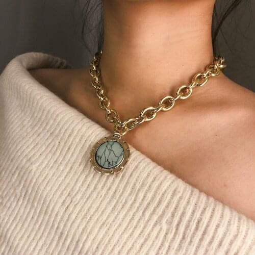 Punk Round Coin Pendant Choker Necklace Vintage Green Stone Blue Crystal Dangle Thick Chain Long Necklace Jewelry